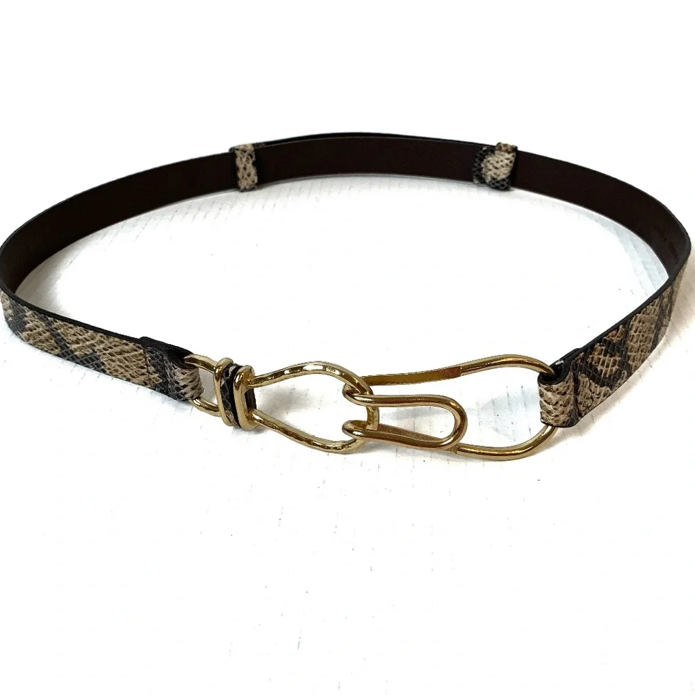 Chico's Faux Snake Skin Leather Belt M/L Adjustable Gold Hardware Hook Closure